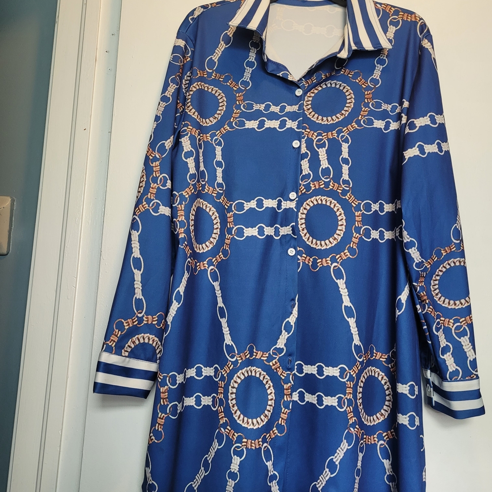 Blue Chain-Print Button-Down Women's Dress